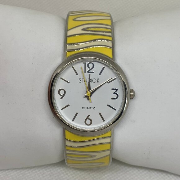 Studio women wrist watch 29mm two tone quartz analog cuff bangle 7” running - Picture 1 of 6